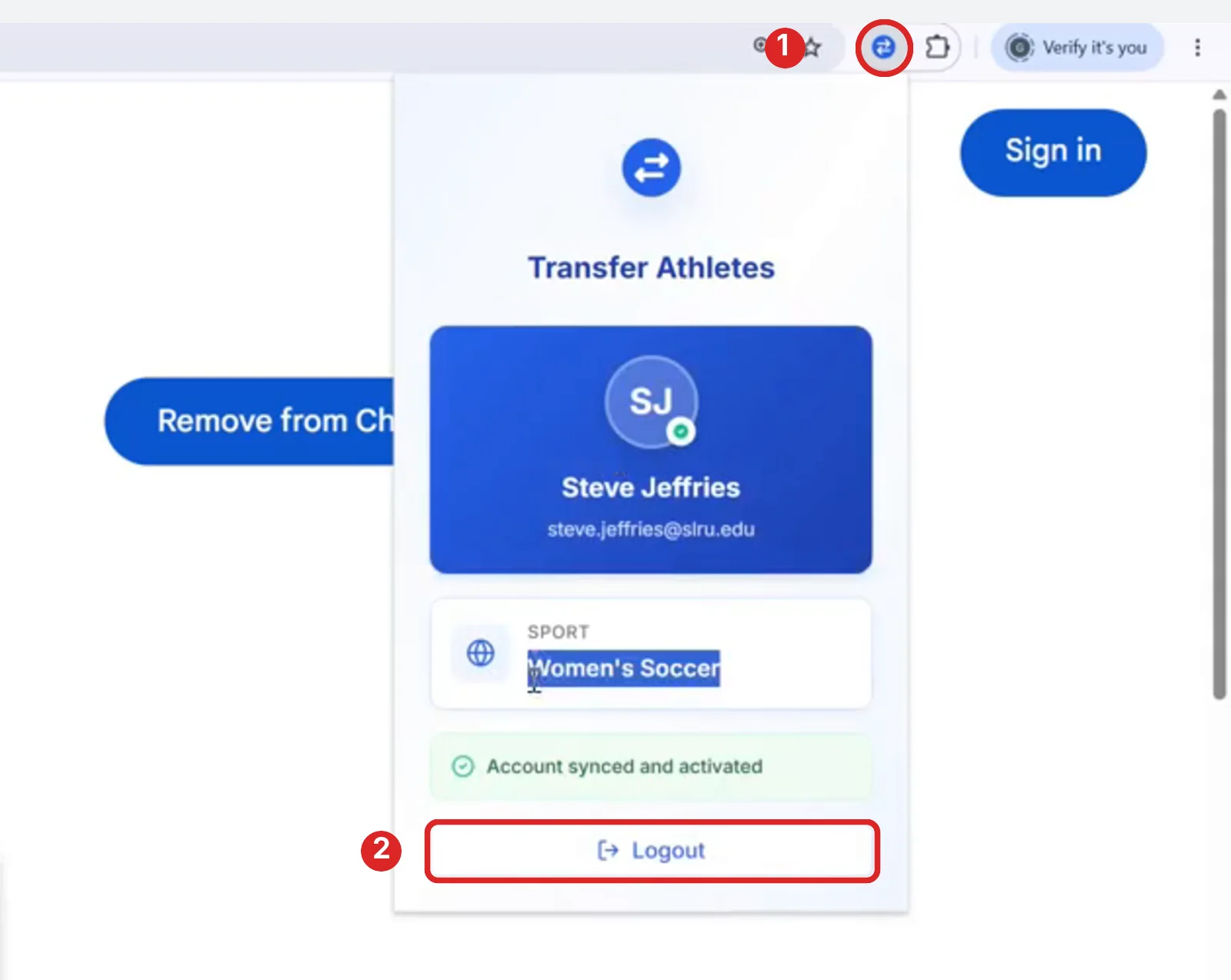 The top-right of a browser window. The Transfer Athletes blue arrow logo in the toolbar is circled and marked 1, and the Logout button at the bottom of the panel below it is boxed and marked 2.
