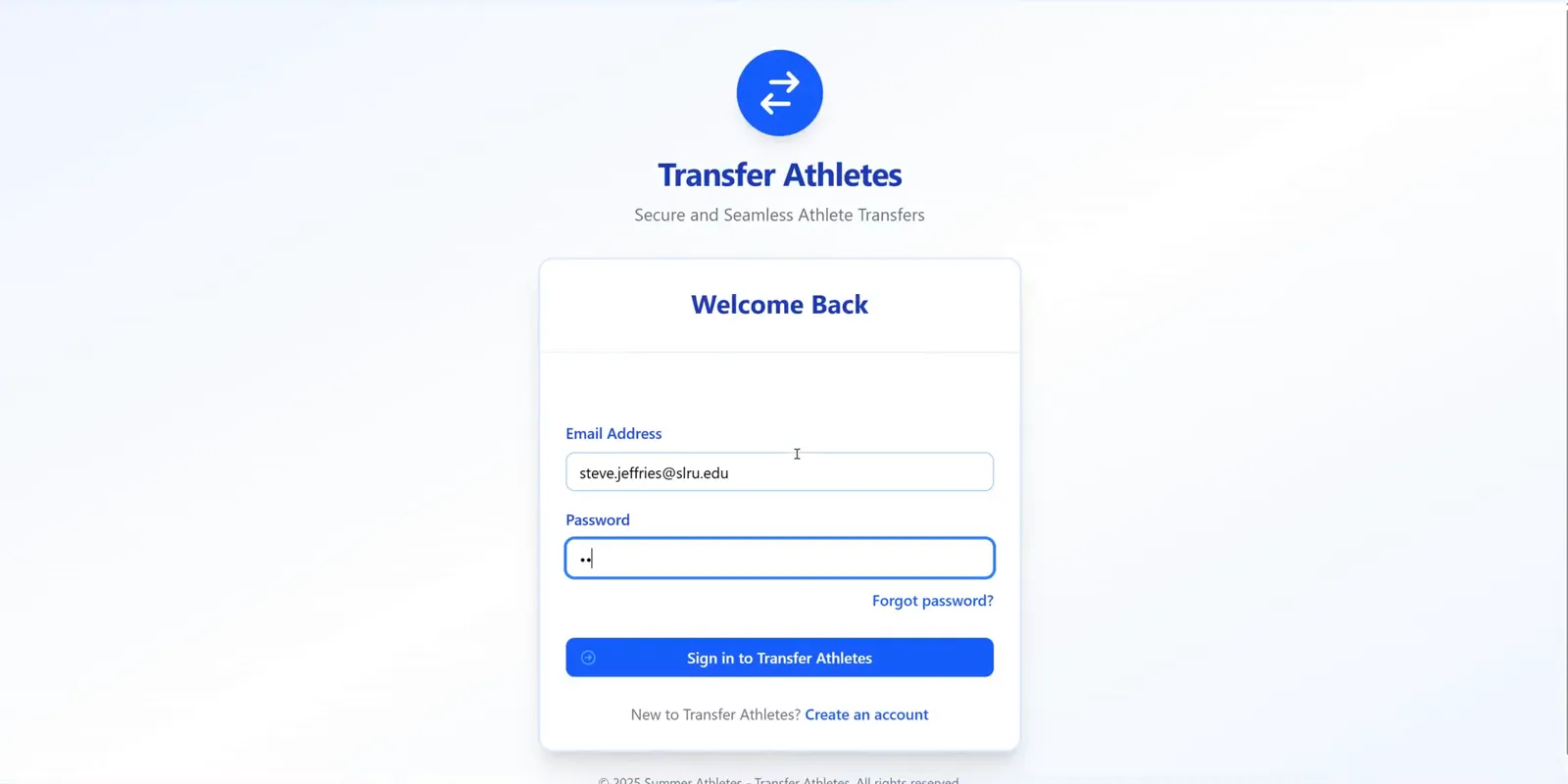 The Transfer Athletes sign-in screen with Email Address and Password fields and a Sign in to Transfer Athletes button.