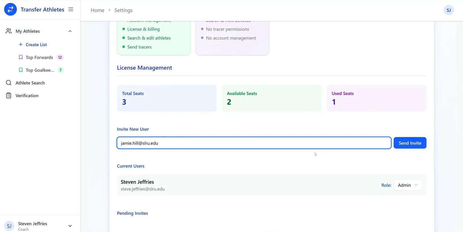 The Licenses tab showing Total Seats, Available Seats and Used Seats, with an email typed into the Invite New User field next to a Send Invite button.