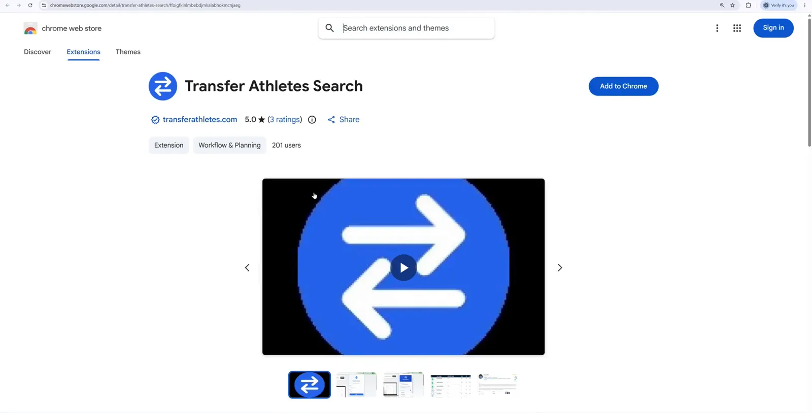 The Transfer Athletes Search listing in the Chrome Web Store with the blue Add to Chrome button in the top right.