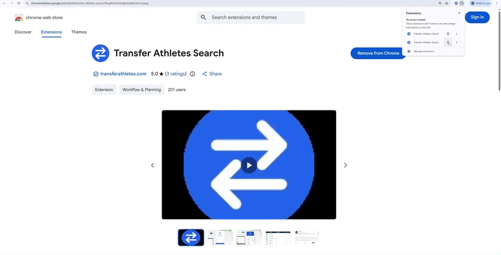 The browser extensions menu open, showing Transfer Athletes Search with a pin icon beside it.