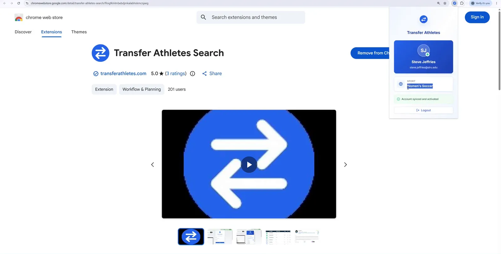 The extension popup showing the signed-in coach, their sport, and a green Account synced and activated banner.