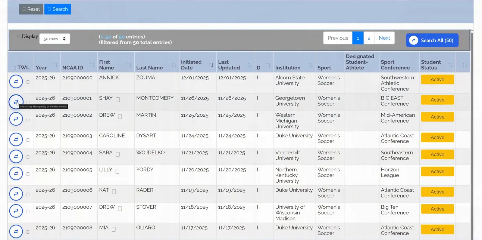 The NCAA Transfer Portal table with a TWL column added on the left, showing a blue Transfer Athletes arrow beside each athlete's row.