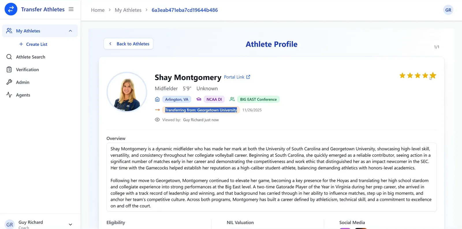 An athlete profile page showing name, position, height, division, conference, transferring-from school, star rating and a written overview.