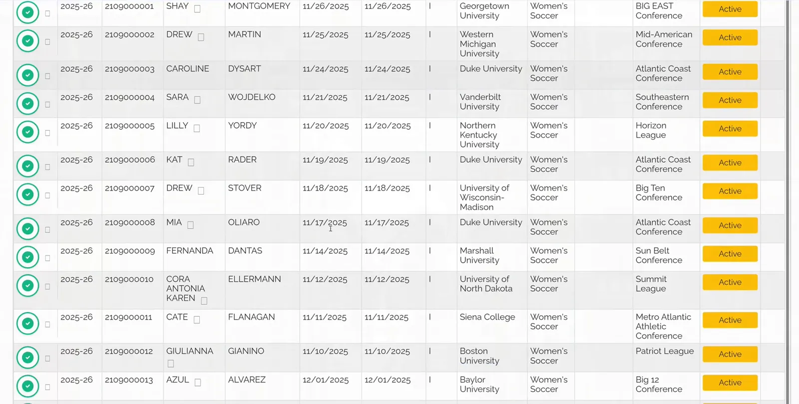 The portal table after a bulk search, with a green checkmark on every athlete row.