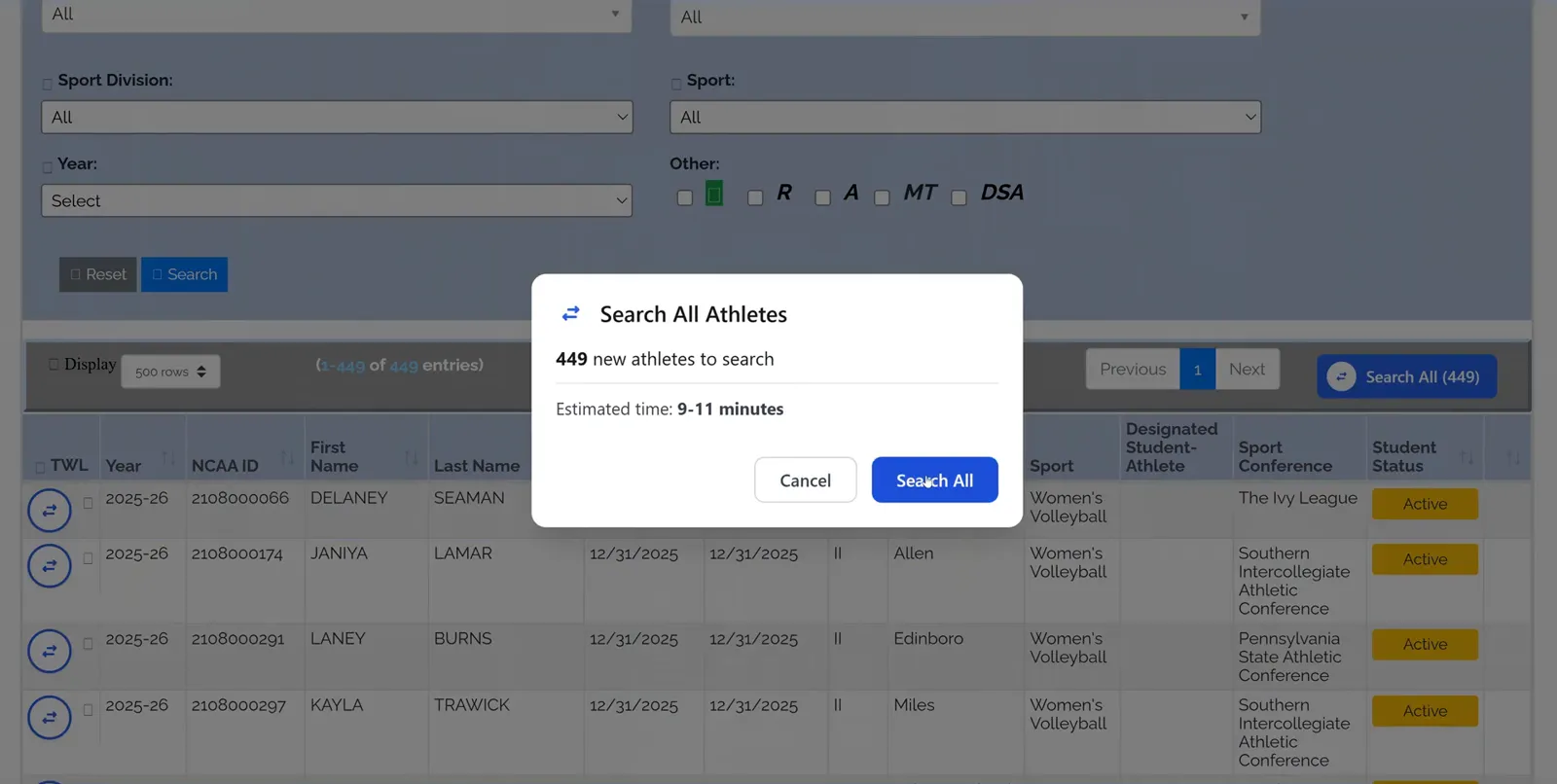 A Search All Athletes confirmation dialog reading 449 new athletes to search, estimated time 9 to 11 minutes, with Cancel and Search All buttons.