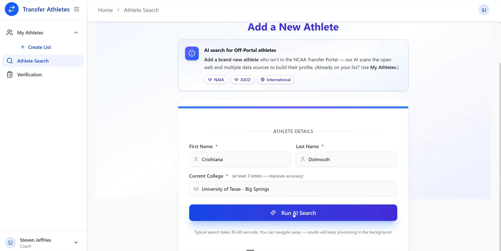 The Add a New Athlete form with First Name, Last Name and Current College filled in, above a Run AI Search button.