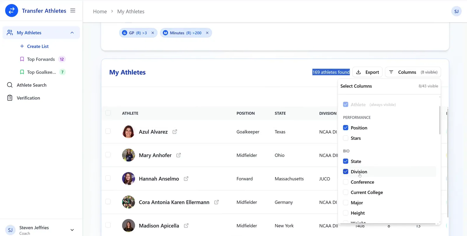 The Select Columns dropdown open over a filtered athlete table, with checkboxes for Position, Stars, State, Division, Conference, Current College, Major, Height and Weight.