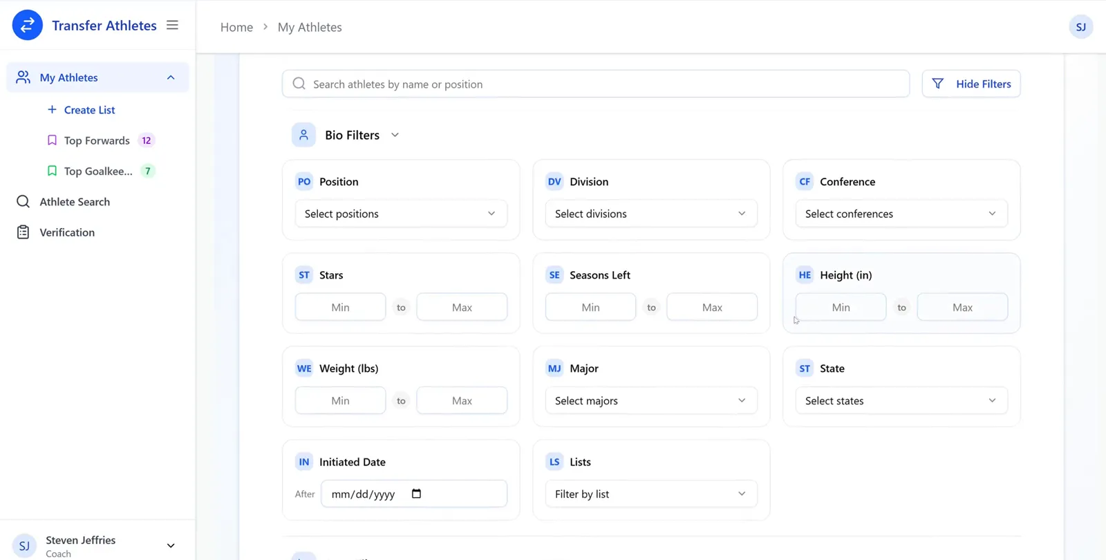 The Bio Filters panel with Position, Division, Conference, Stars, Seasons Left, Height, Weight, Major, State, Initiated Date and Lists controls.